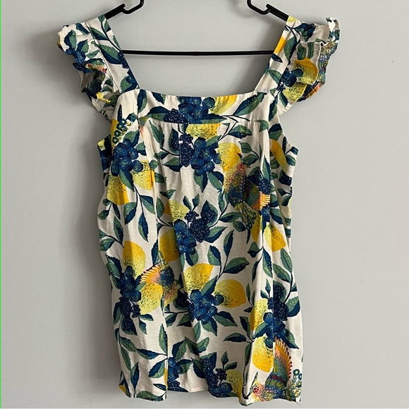 DAVI & DANI Tops - Davi & Dani Lemon Leaf Print Ruffle Strap Square Neckline Summer Blouse